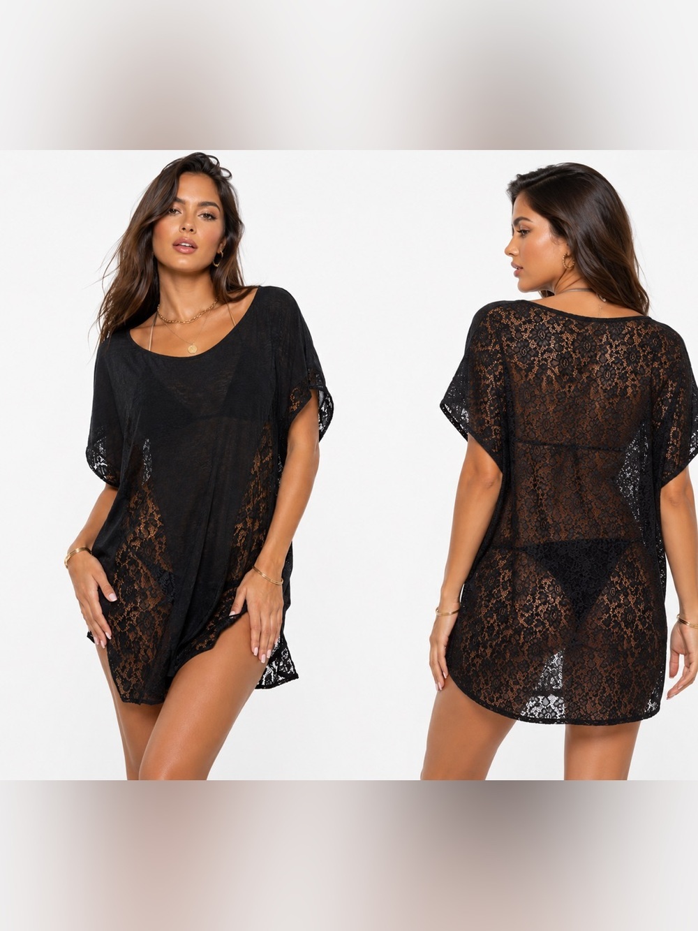 Victoria’s Secret Black Burnout Lace Cover Up Tunic Sheer Swim Cover Up Sz M/L